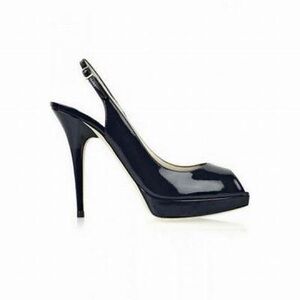 Jimmy Choo Clue Black Patent Leather Sling Back Peep Toe Stiletto Pump 39.5